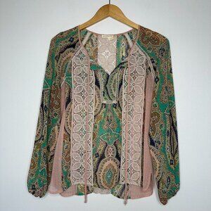 Meadow Rue Top Patchwork Crochet Green Paisley Size S Boho Anthropologie
